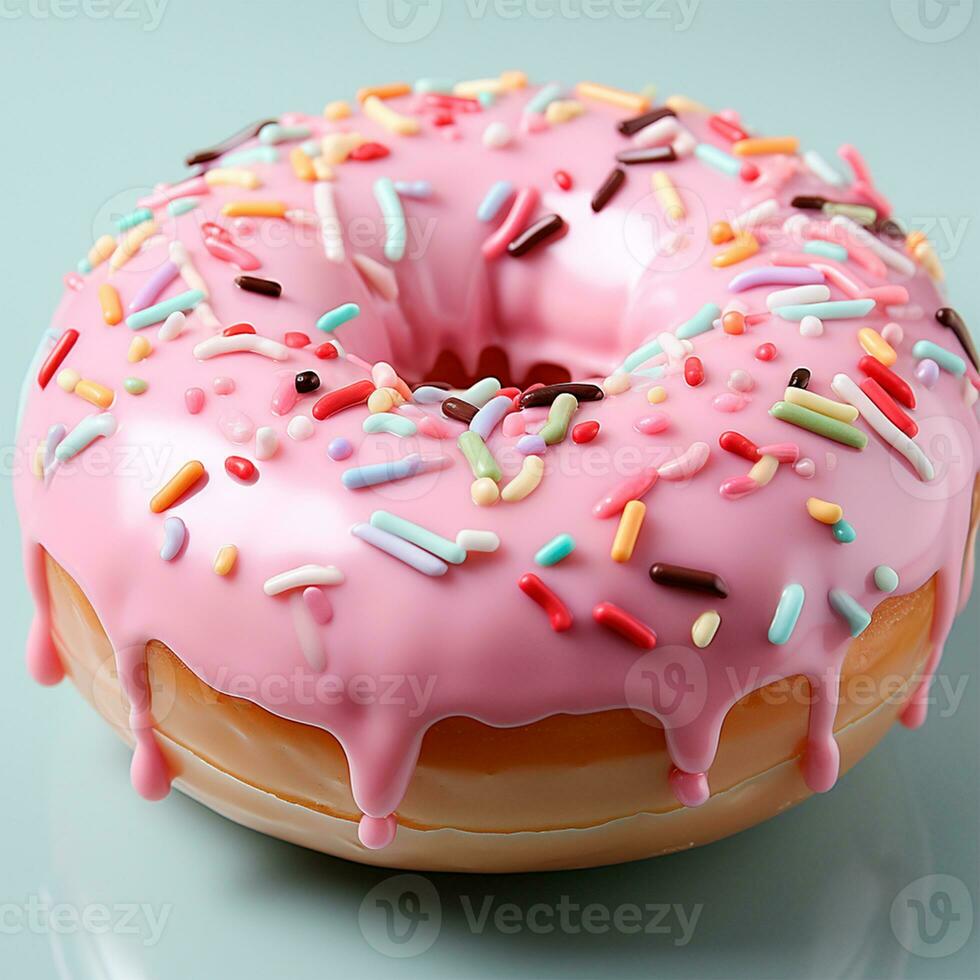 AI generated Chocolate donut with sugar threads and filling, pink glaze - AI generated image photo