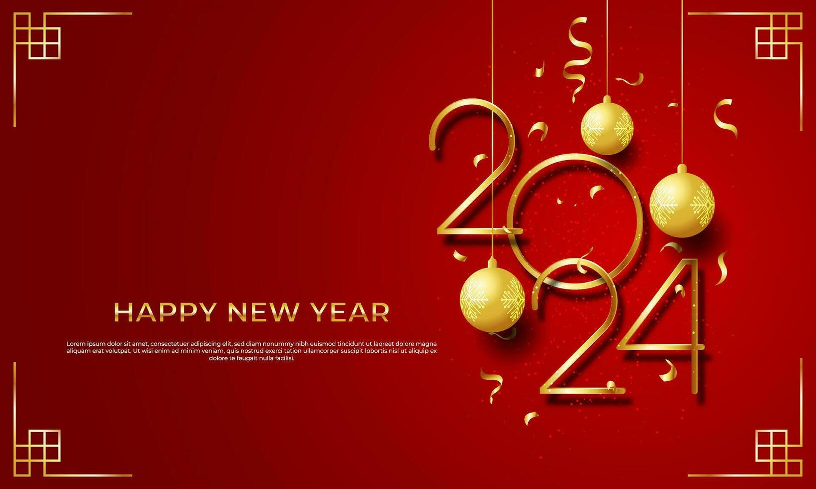 chinese new year 2024 with style number in golden color with confetti and balls design on a red background vector