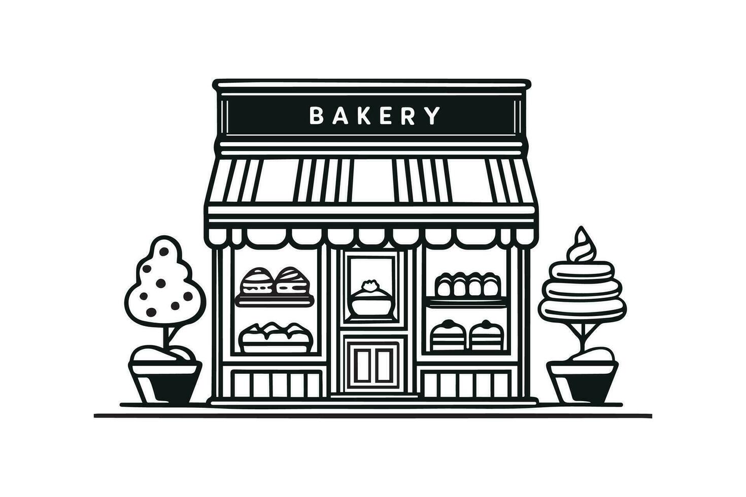 Bakery stor line vector illustration. Sweet shop exterior confectionery store graphic black white sketch illustration