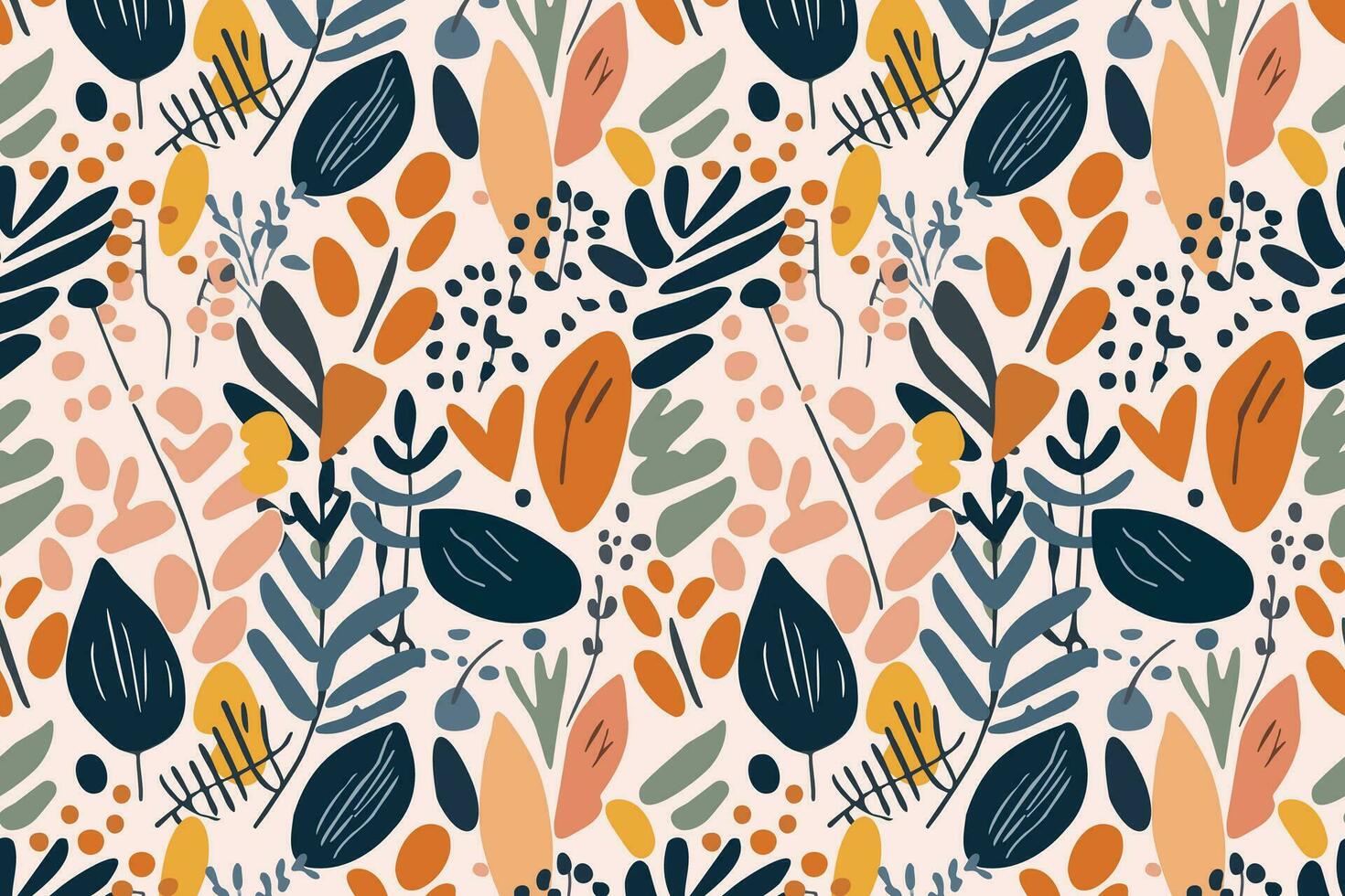 Natural hand drawn seamless pattern drawing with abstract shapes, strokes, flowers and leaves. vector