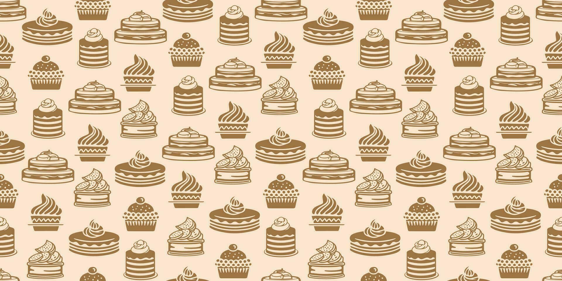 Pastry, sweet bakery seamless pattern. Confectionery baking design. Hand drawn cake, cupcakes and muffins doodles background for wrapping paper, package print, cafeteria and shop vector wallpapers