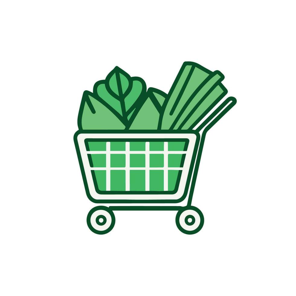 shopping cart with supermarket products. Organic Grocery shopping icon, vector design logo for store.