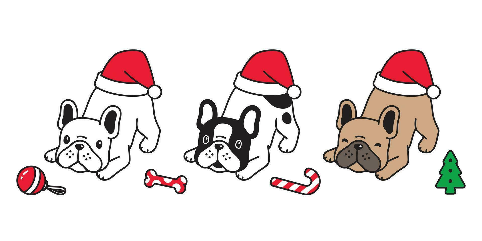 perro vector Navidad francés buldog Papa Noel claus sombrero icono perrito mascota caramelo caña personaje dibujos animados símbolo ilustración diseño
