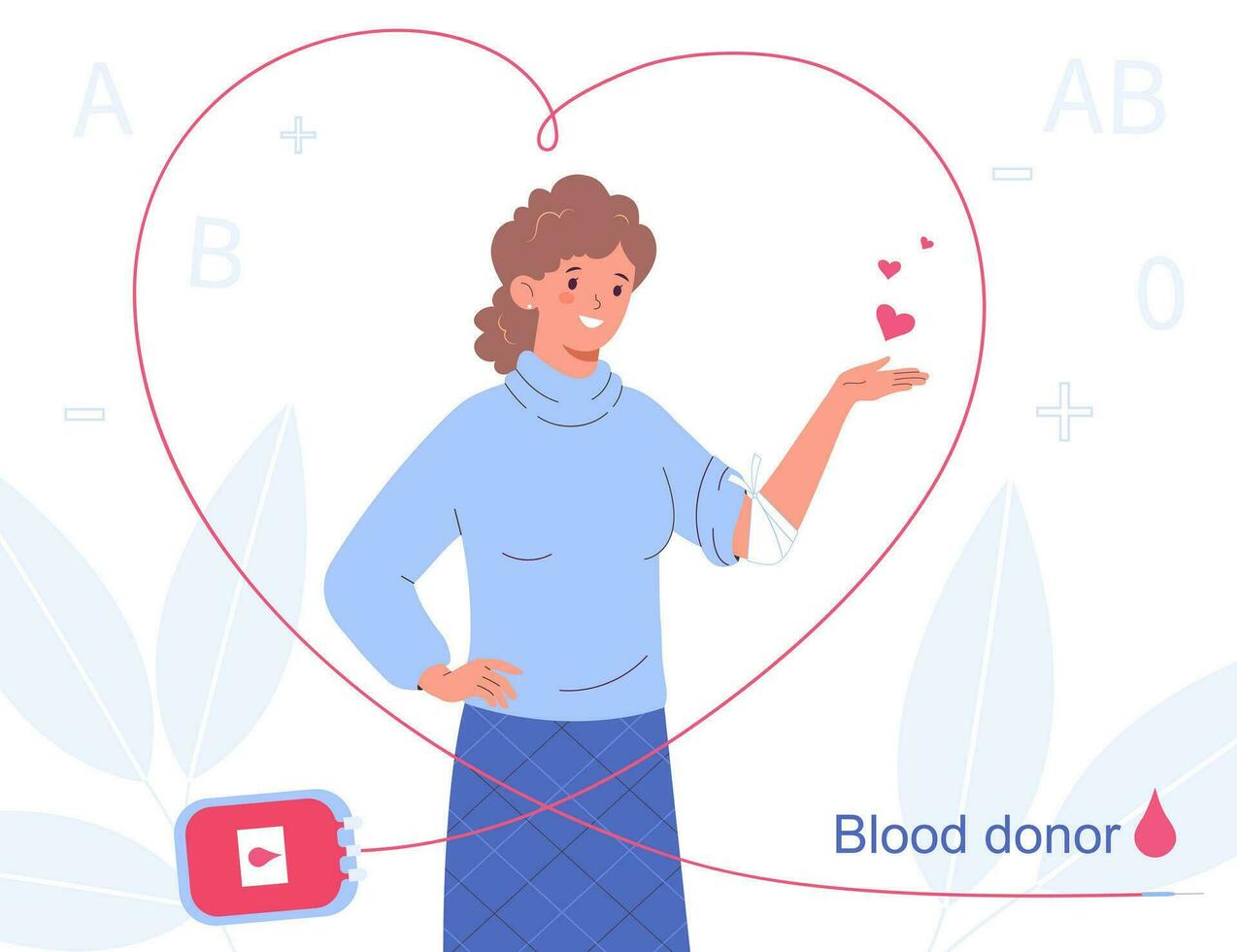 Donor young woman donating blood. Concept of donation, world blood donor day, plasma. vector