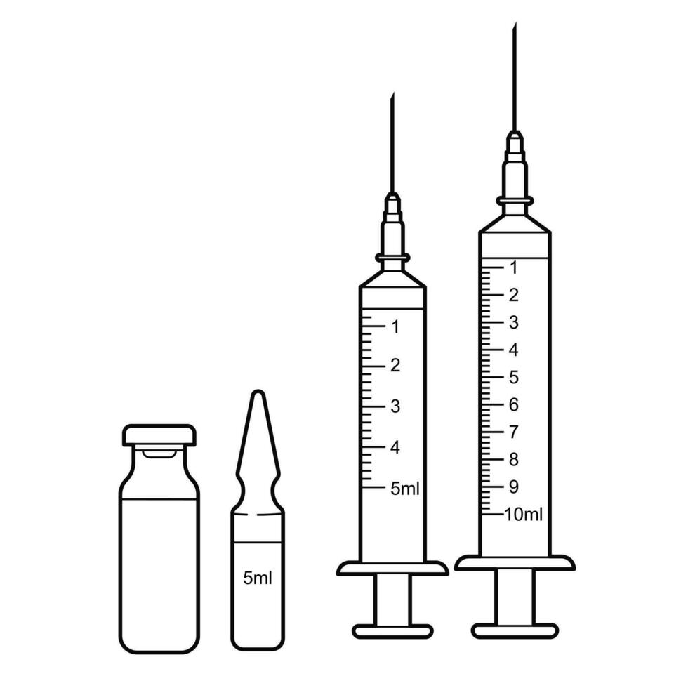 Medical Syringe with Needle and Vials, Ampoules. Isolated outline Illustration on white background. vector