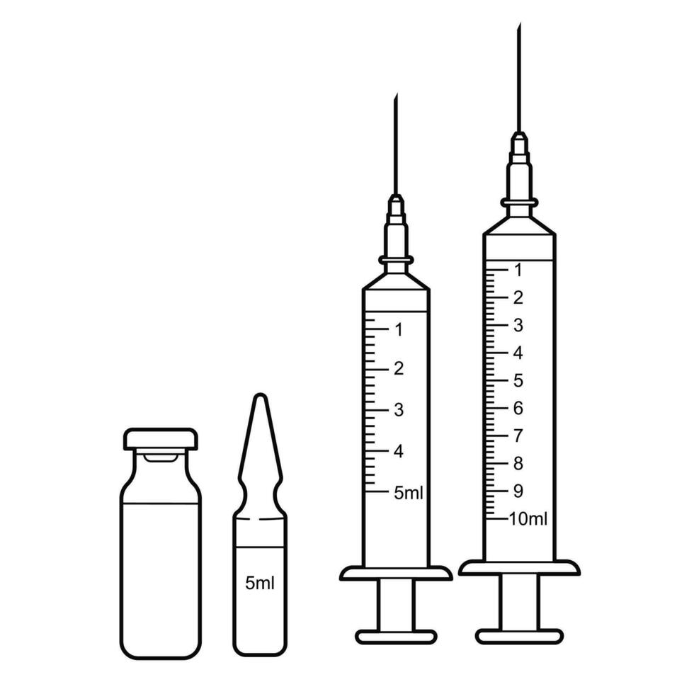 médico jeringuilla con aguja y viales, ampollas aislado contorno ilustración en blanco antecedentes. vector