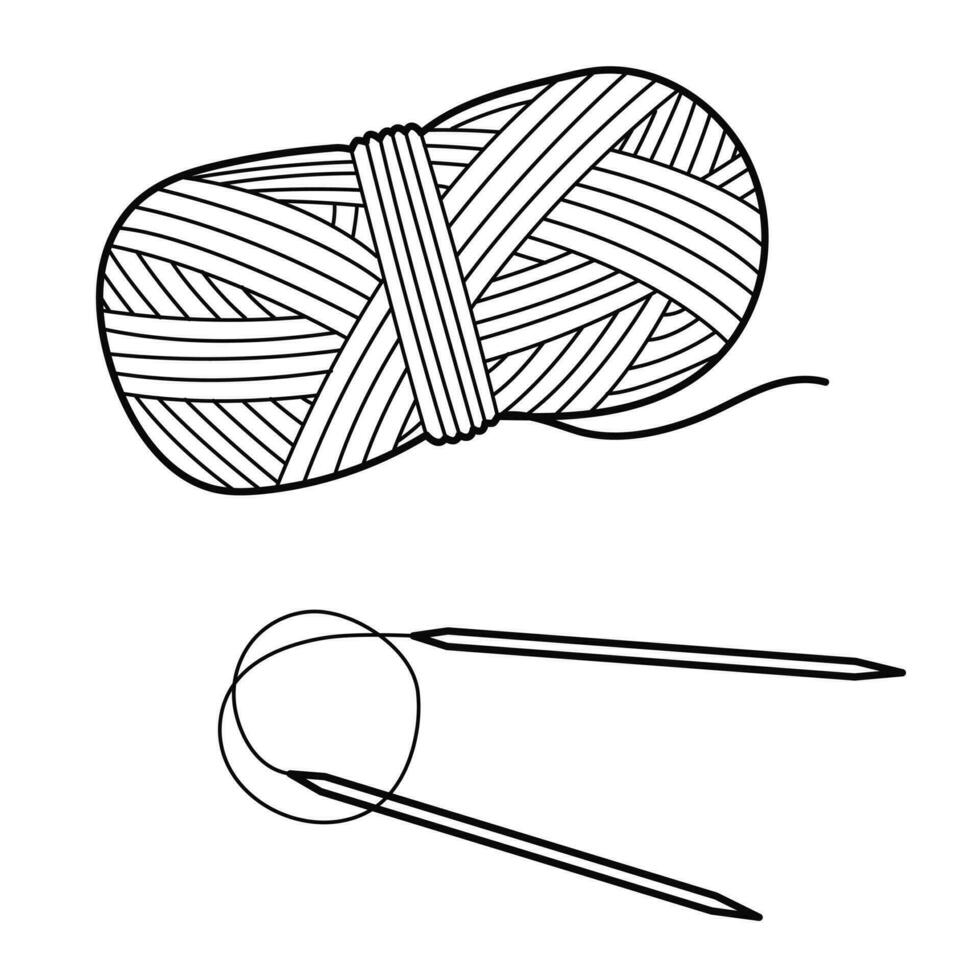 Skein of wool yarn and circular knitting needles. Knitting. Isolated outline Illustration on white background. vector