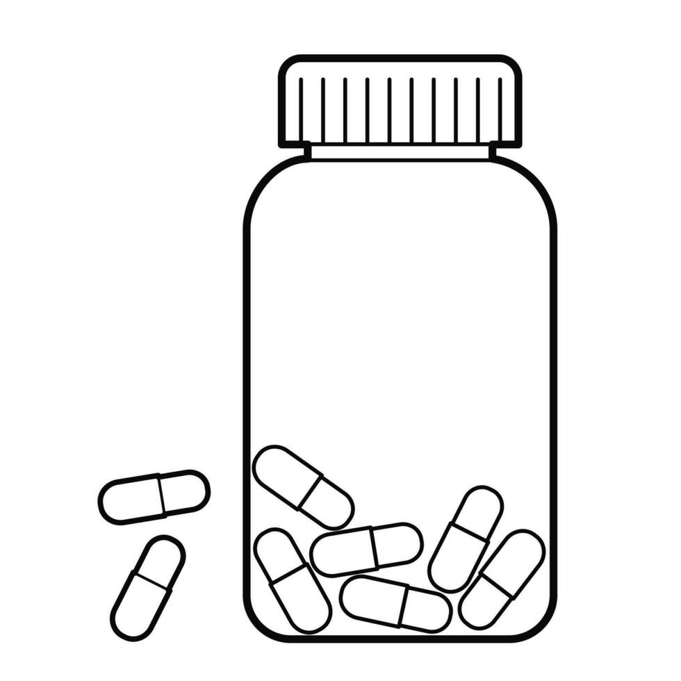 Clear glass medicine bottle with pills. Isolated outline Illustration on white background vector