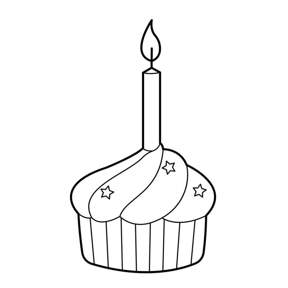 Festive cupcake with buttercream and one candle. Design element.  Black and white outline illustration for coloring book vector