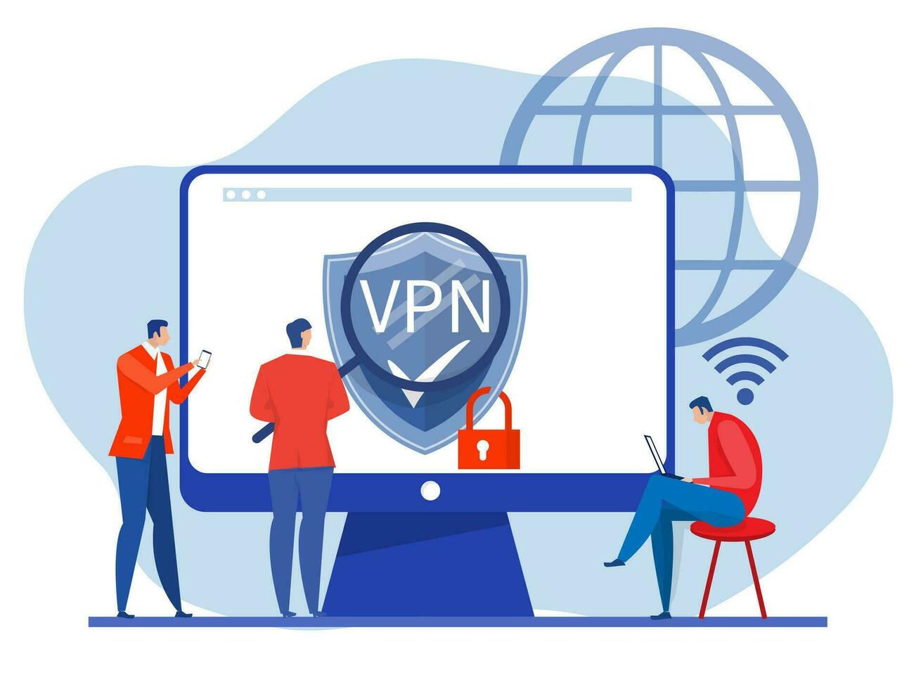 vpn tecnología Servicio concepto, empresario utilizar navegador desatascar en sitio web en móvil virtual privado red. seguro red conexión y intimidad proteccion vector ilustración