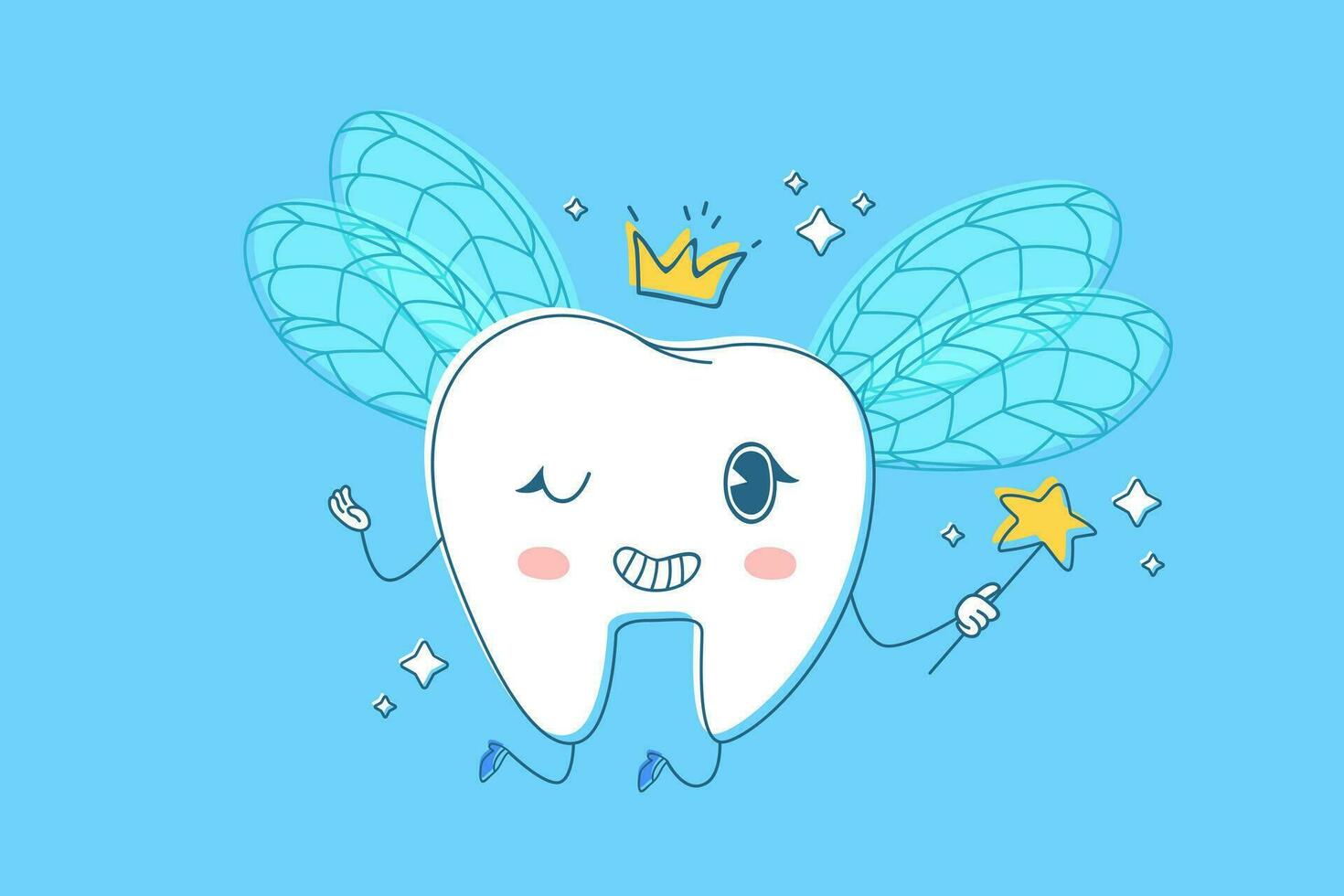 diente hada. espumoso diente con alas, corona y magia varita mágica. linda niños dental clínica mascota. vector