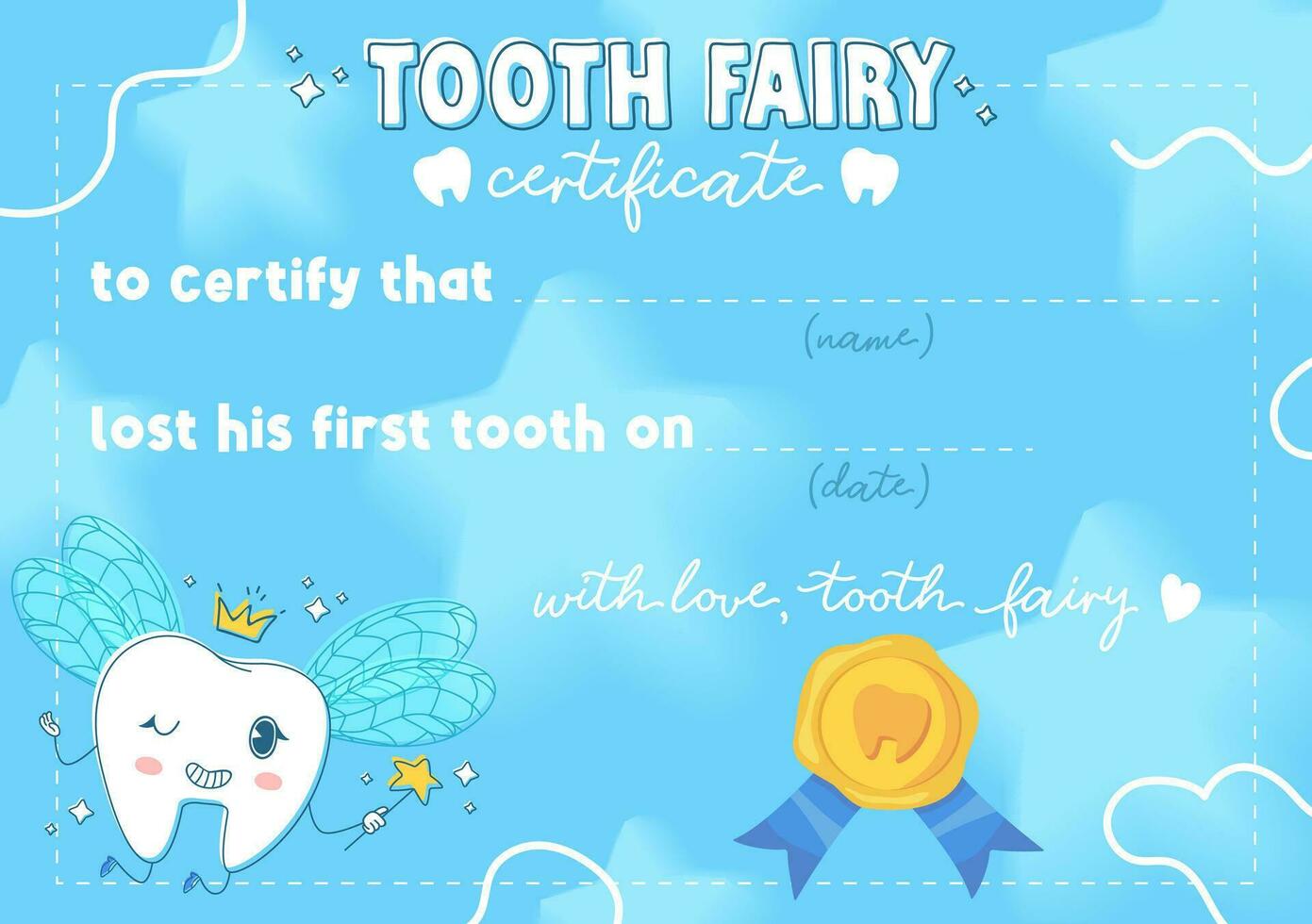 Cute Tooth fairy certificate. Sparkling tooth with wings, crown and magic wand on blue background with stars, and wax stamp. vector