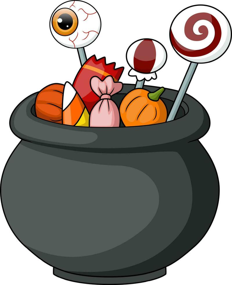 Halloween black cauldron full of candy vector