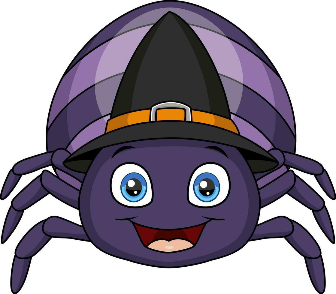 linda púrpura araña dibujos animados vistiendo bruja sombrero vector