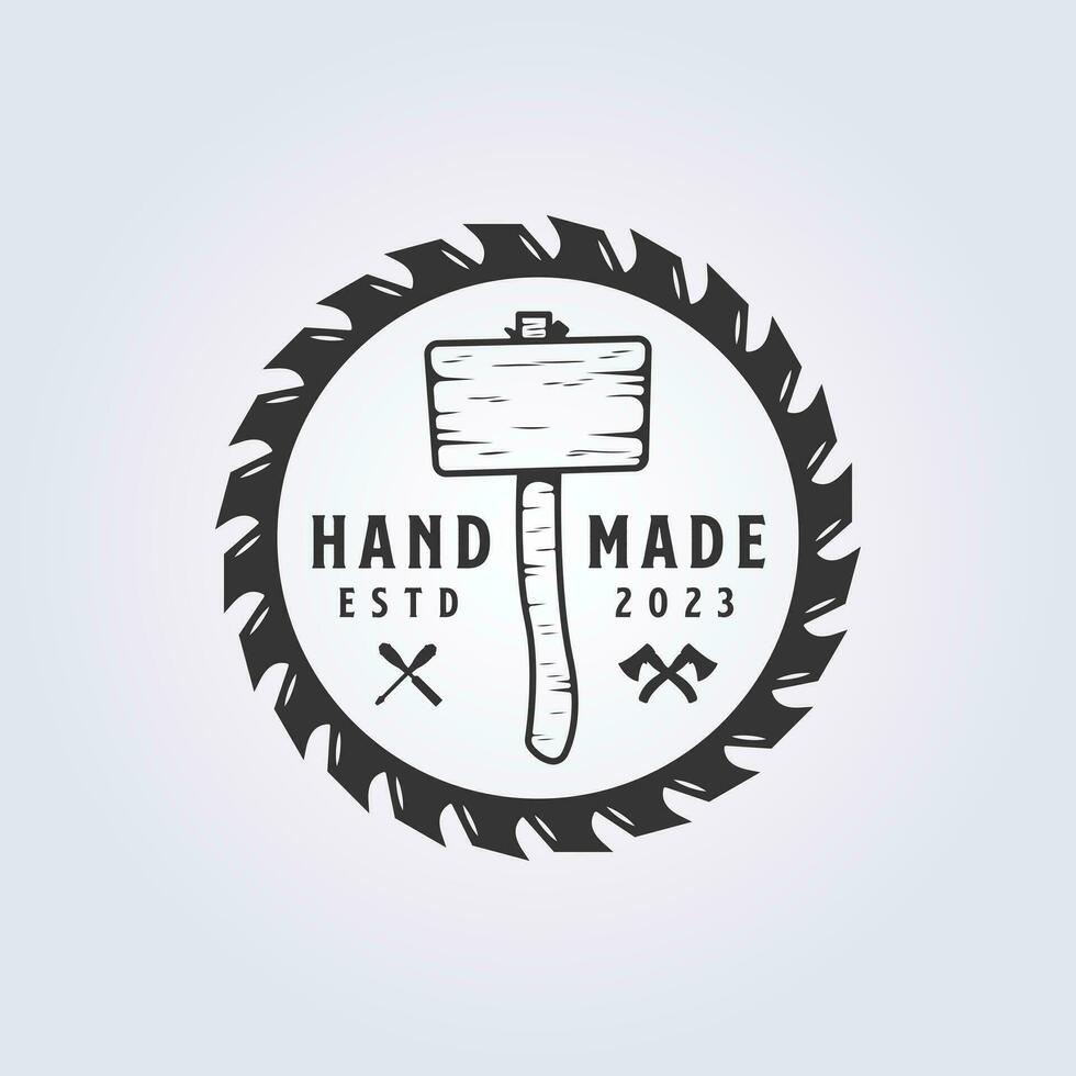 mallet and fast saw logo vintage vector illustration design for carpentry