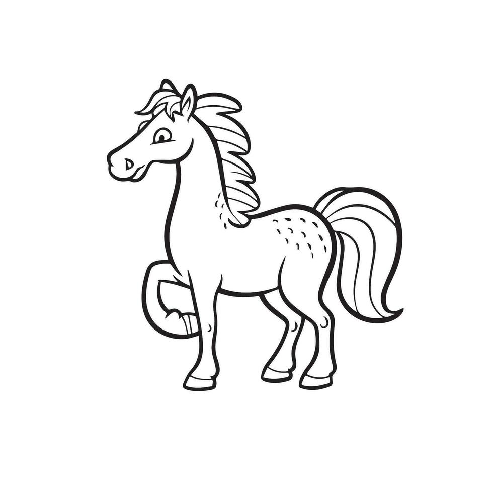 Carton horse, black and white illustration, and coloring page on a white background. line drawing style vector