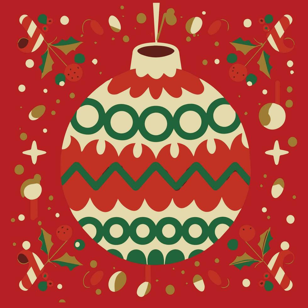 Navidad saludo tarjeta con vistoso adornos en antecedentes. vector ilustración.