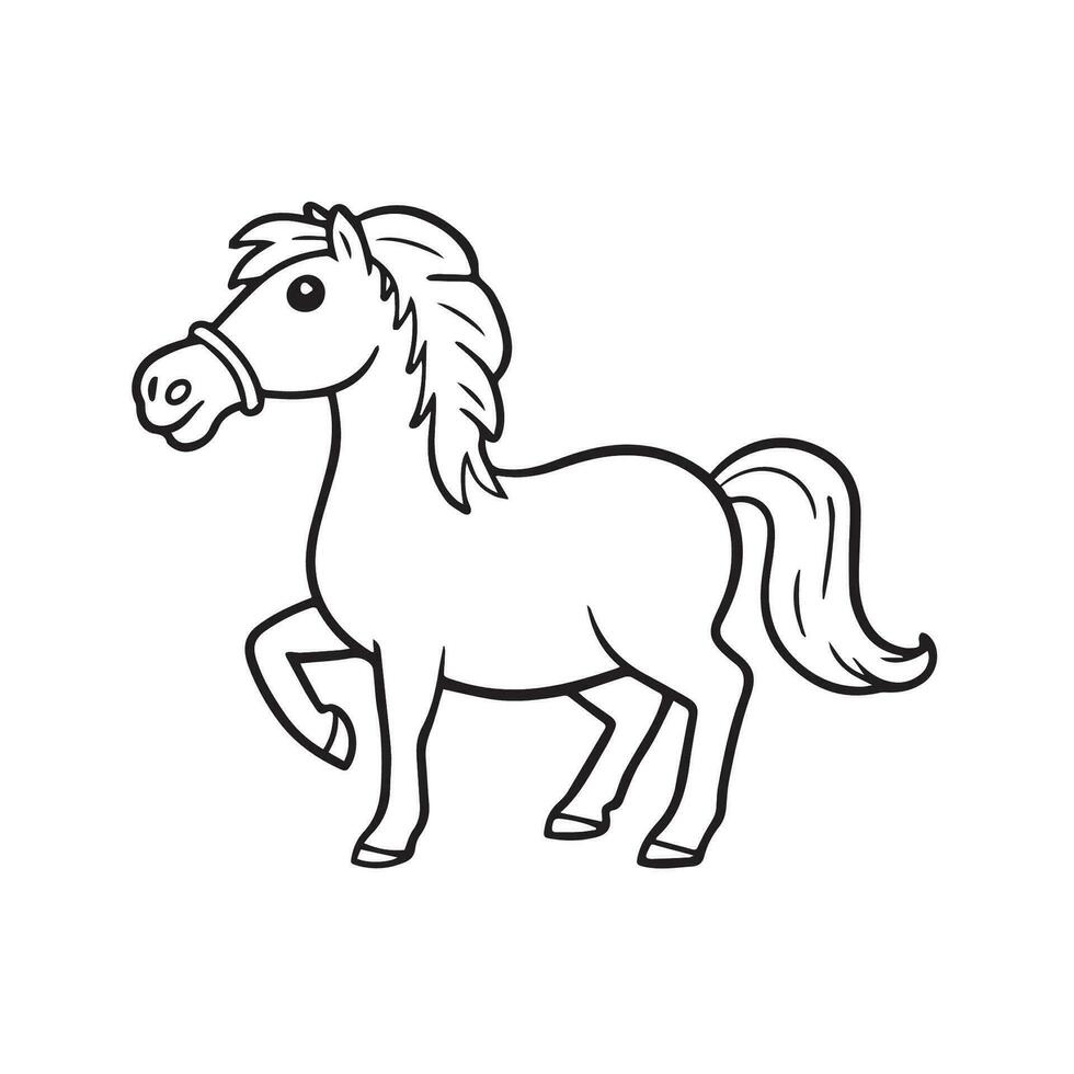 Carton horse, black and white illustration, and coloring page on a white background. line drawing style vector