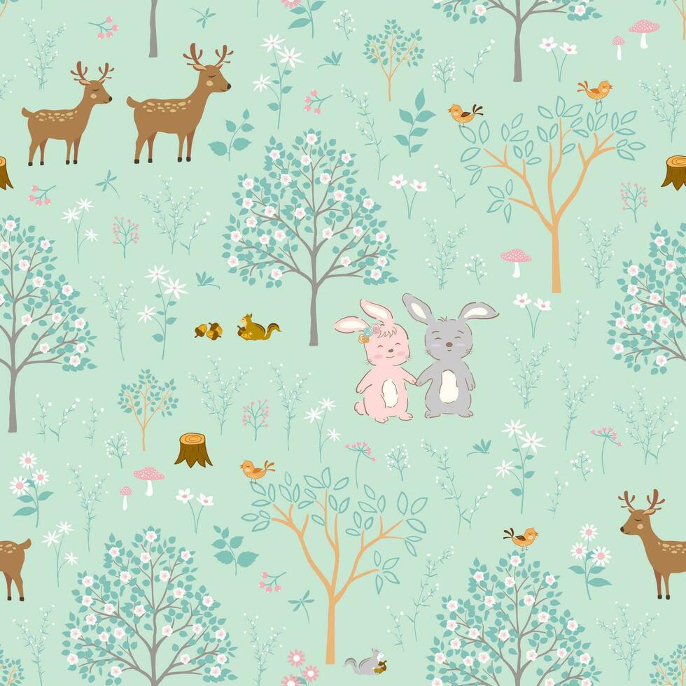 Cute bunny on spring forest seamless pattern,springtime with cute animals on pastel background vector