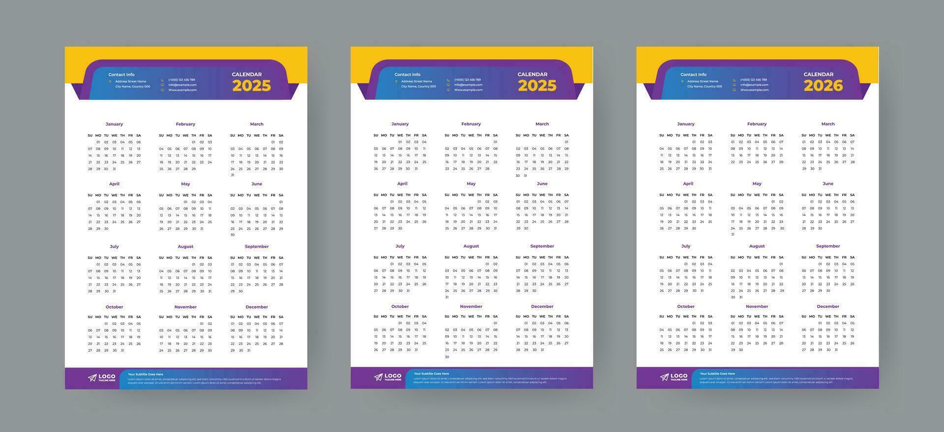 Business Calendar Set For 2024, 2025, 2026 Layout Template, Wall Calendar Design. vector