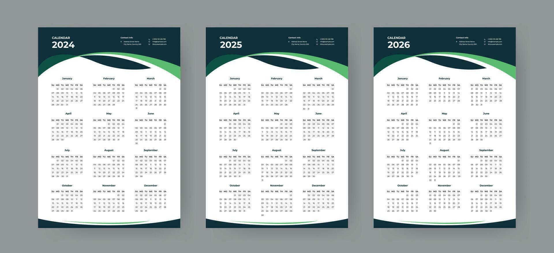 Wall calendar design set for 2024, 2025, 2026 week start Sunday corporate planner design vector