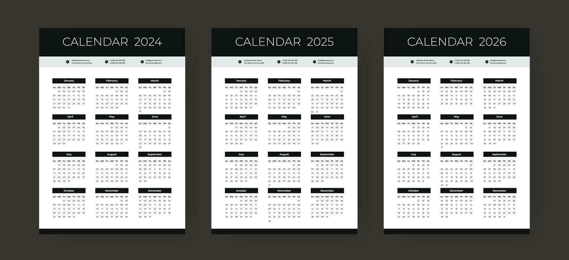 calendario 2024, 2025, 2026 diseño plantilla, negro pared calendario conjunto diseño. vector