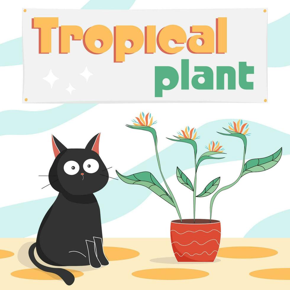 Black cat sits against the background of a tropical plant vector