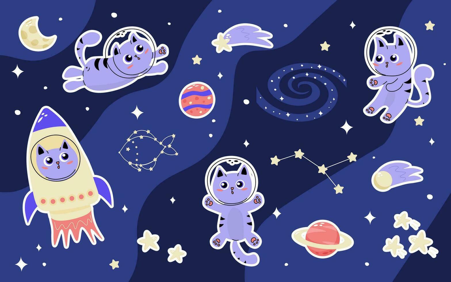 Set of elements clipart stickers character cute cat astronaut in space vector