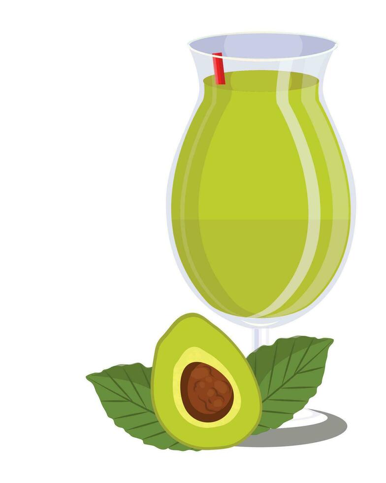 Avocado smoothie in glass cup. Refreshing drink with avocado. Vector illustration on white background.