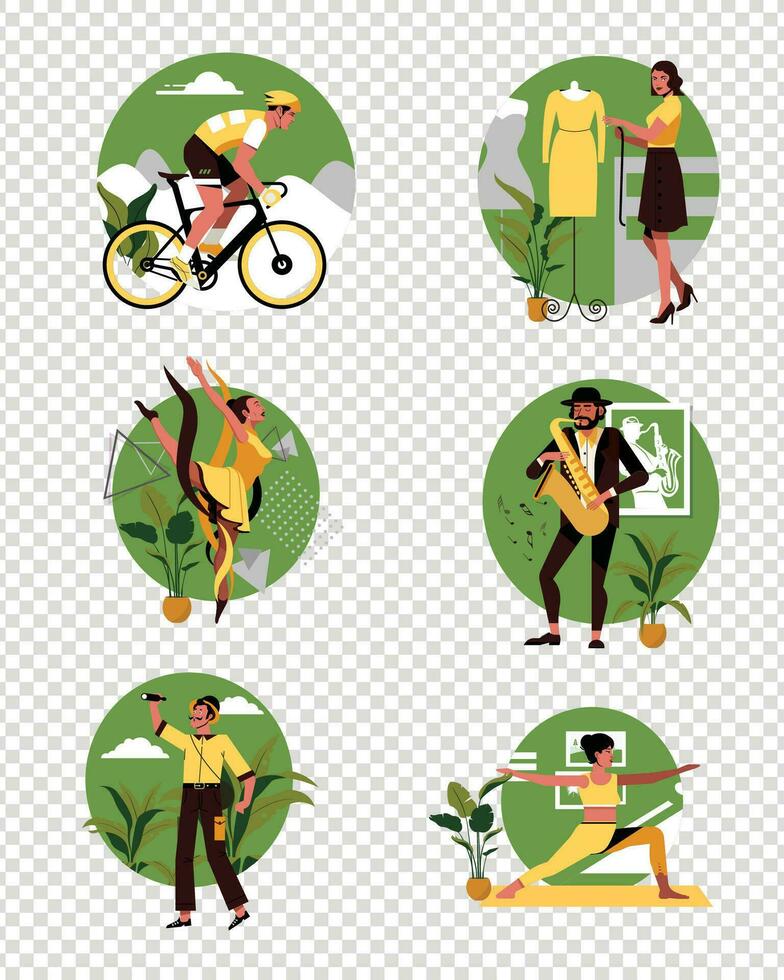Set of various jobs. designer, musician, dancer, racer. people working with their work, vector