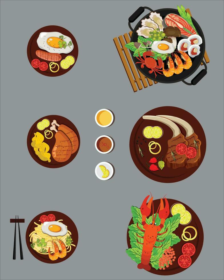 Set of different breakfast, lunch and dinner isolated on gray background. Appetizing vector collection of fresh food and chili sauce. Colorful serving dishes