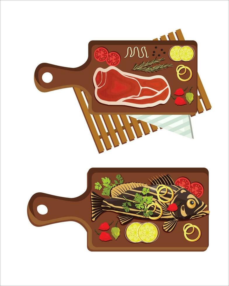 Meat and fish food vector collection. With food tray. Protein-packed dishes