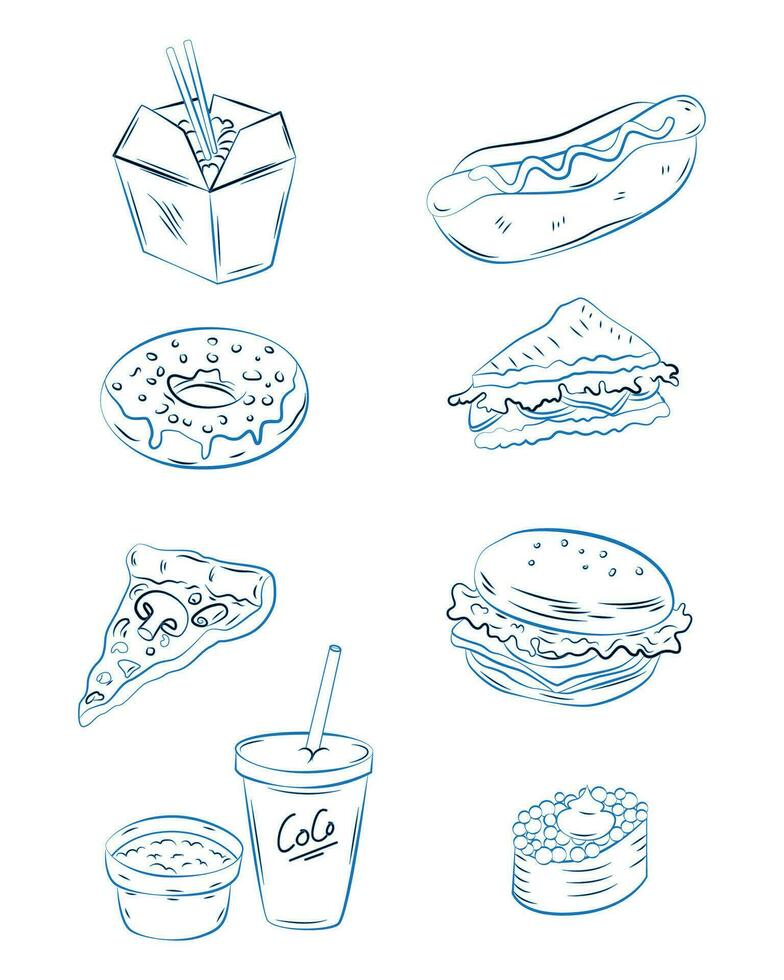 Set of unhealthy fast food. Colored flat vector illustration of eating fat isolated on white background. Fast food icons of burgers, hot-dogs, pizza, sausages, chips, fries, donuts, cakes and soda.