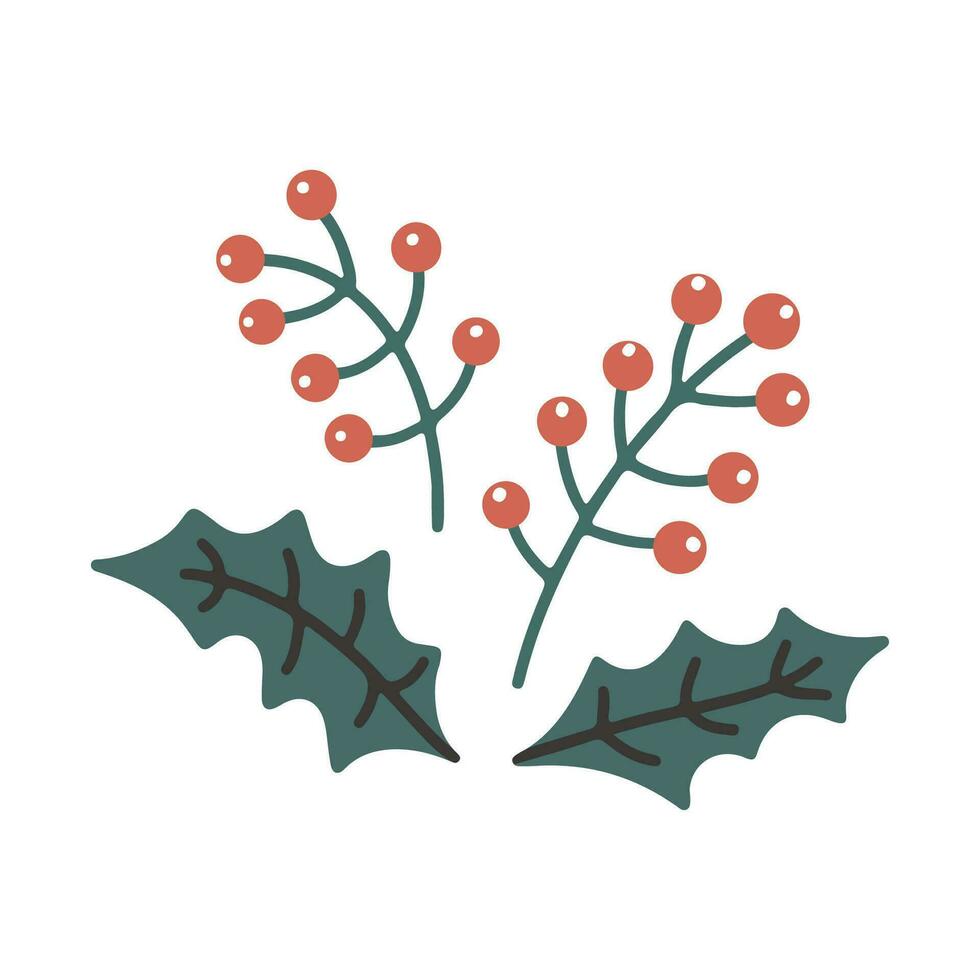 Vector hand drawn Christmas Holly berry icon isolated on white background. Decorative doodle Xmas element. Holly leaves and berry for winter new year design, ornate and greetings. Christmas template