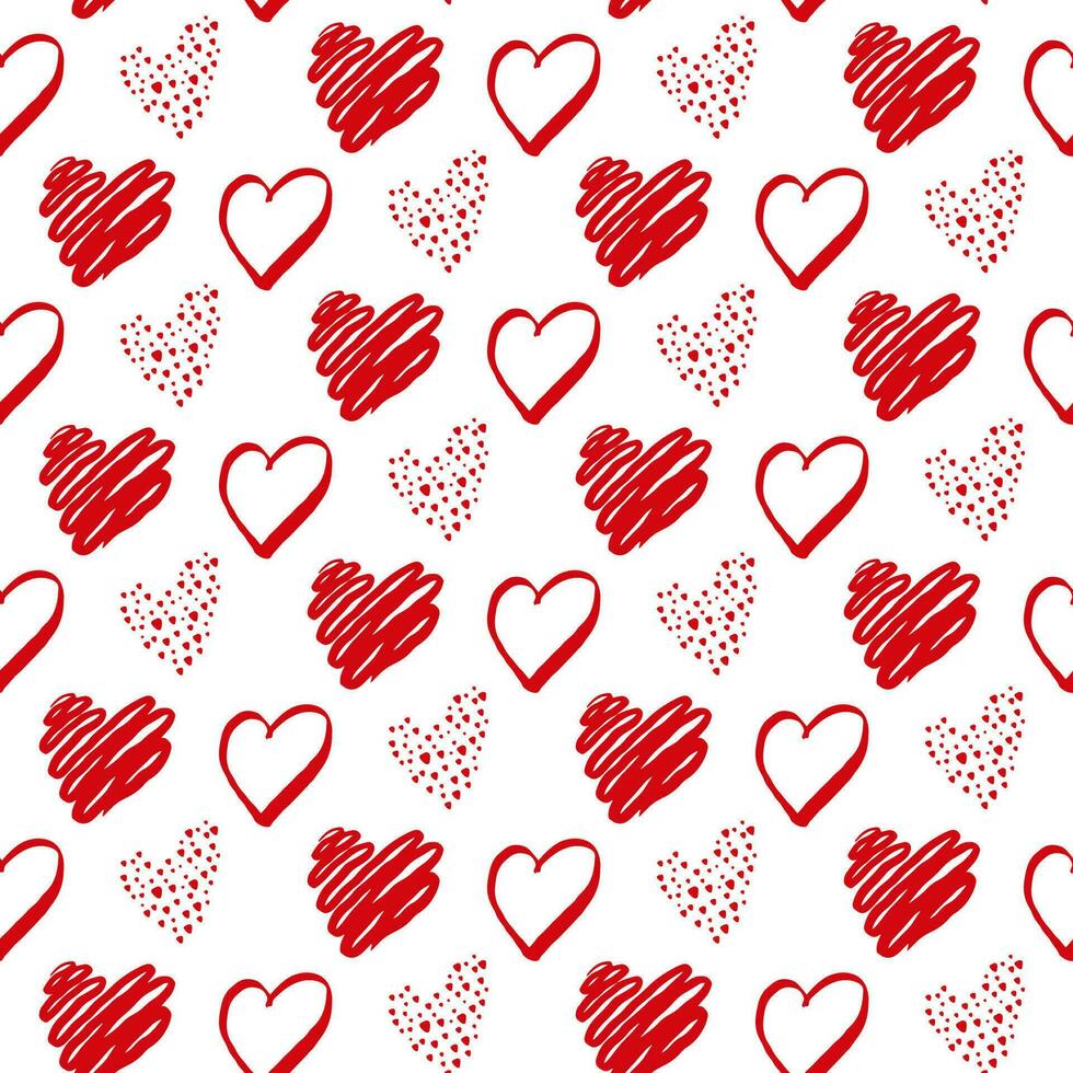 Cute hand drawn Valentine's hearts seamless pattern. Decorative doodle love heart shape in sketch style. Scribble ink hearts polka dot for wedding design, wrapping, ornate and greeting cards vector