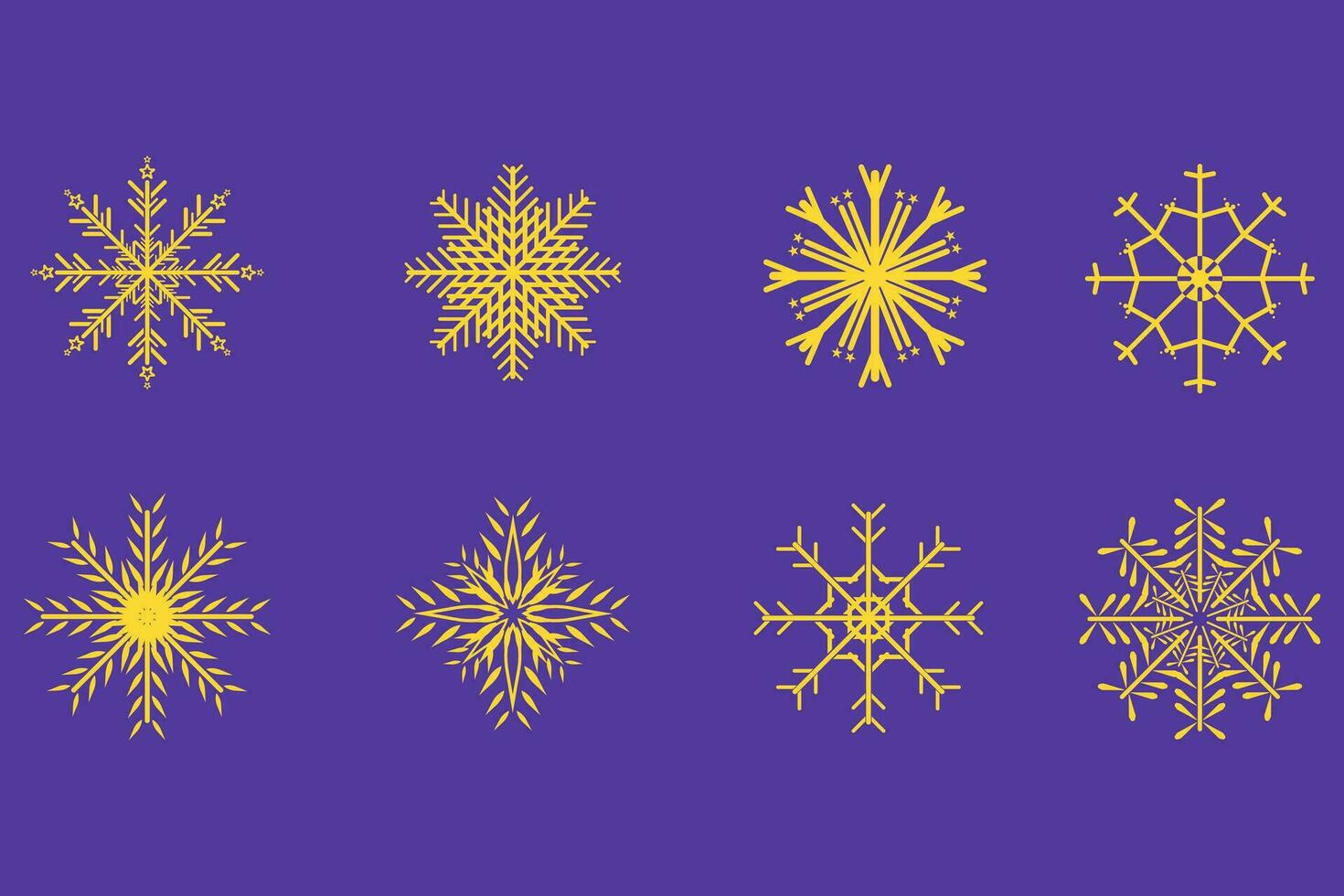Group of yellow, golden Snowflakes on isolated blue background, Cute snowflakes collection isolated on white background. Flat snow icons templates vector