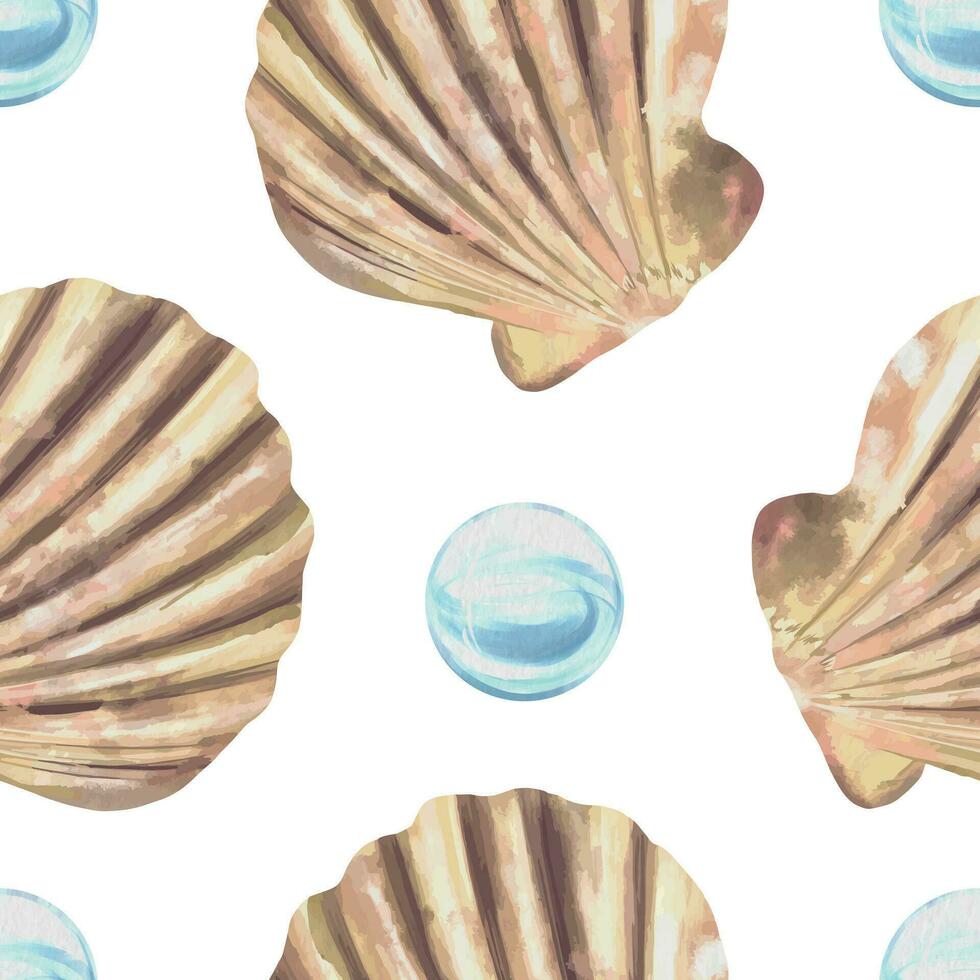 Seashells and bubbles. Marine seamless pattern. Vector illustration in watercolor style. Design element for greeting cards, covers, fabric, wrapping paper, wallpaper, textile.