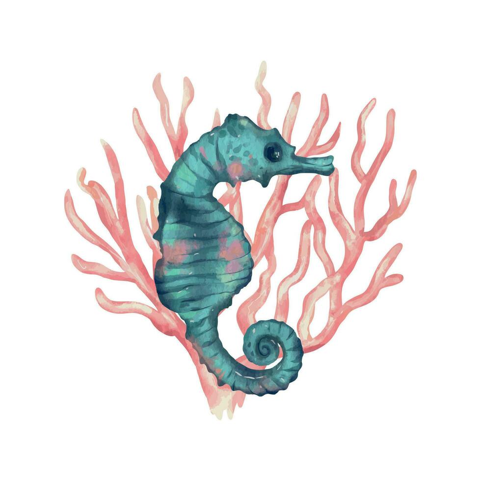 Seahorse and pink corals. Vector sea illustration in watercolor style. Design element for greeting cards, covers, themed flyers and banners.