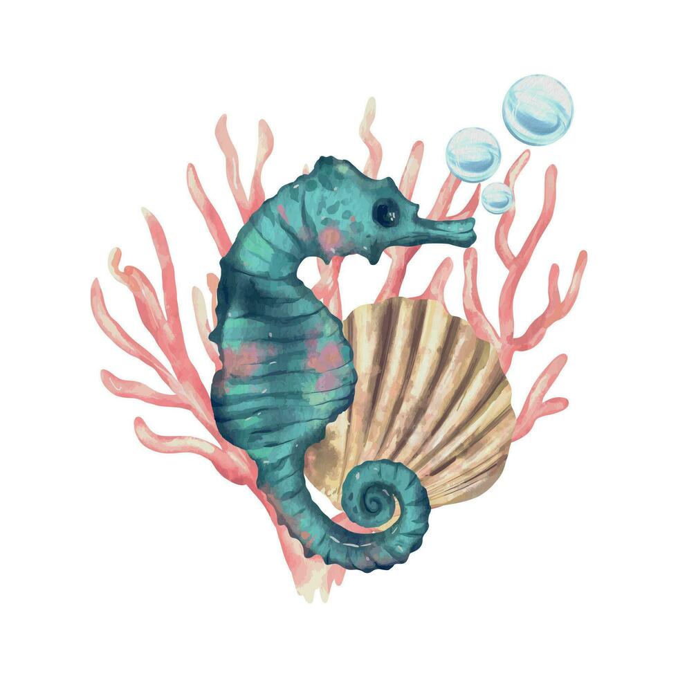 Seahorse, shell, bubbles. Vector sea illustration in watercolor style. Design element for greeting cards, invitations, covers, themed flyers and banners.