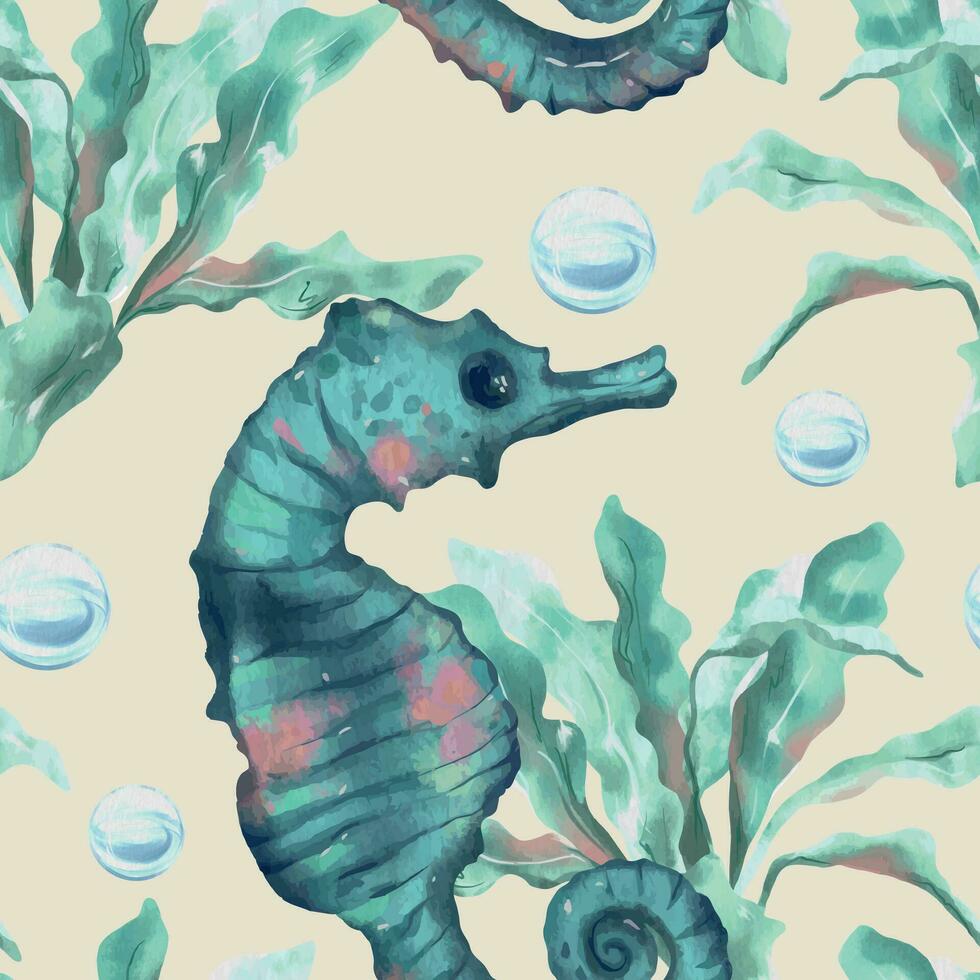 Sea horse, algae and bubbles. Marine seamless pattern. Vector illustration in watercolor style. Design element for greeting cards, covers, fabric, wrapping paper, wallpaper, textile.