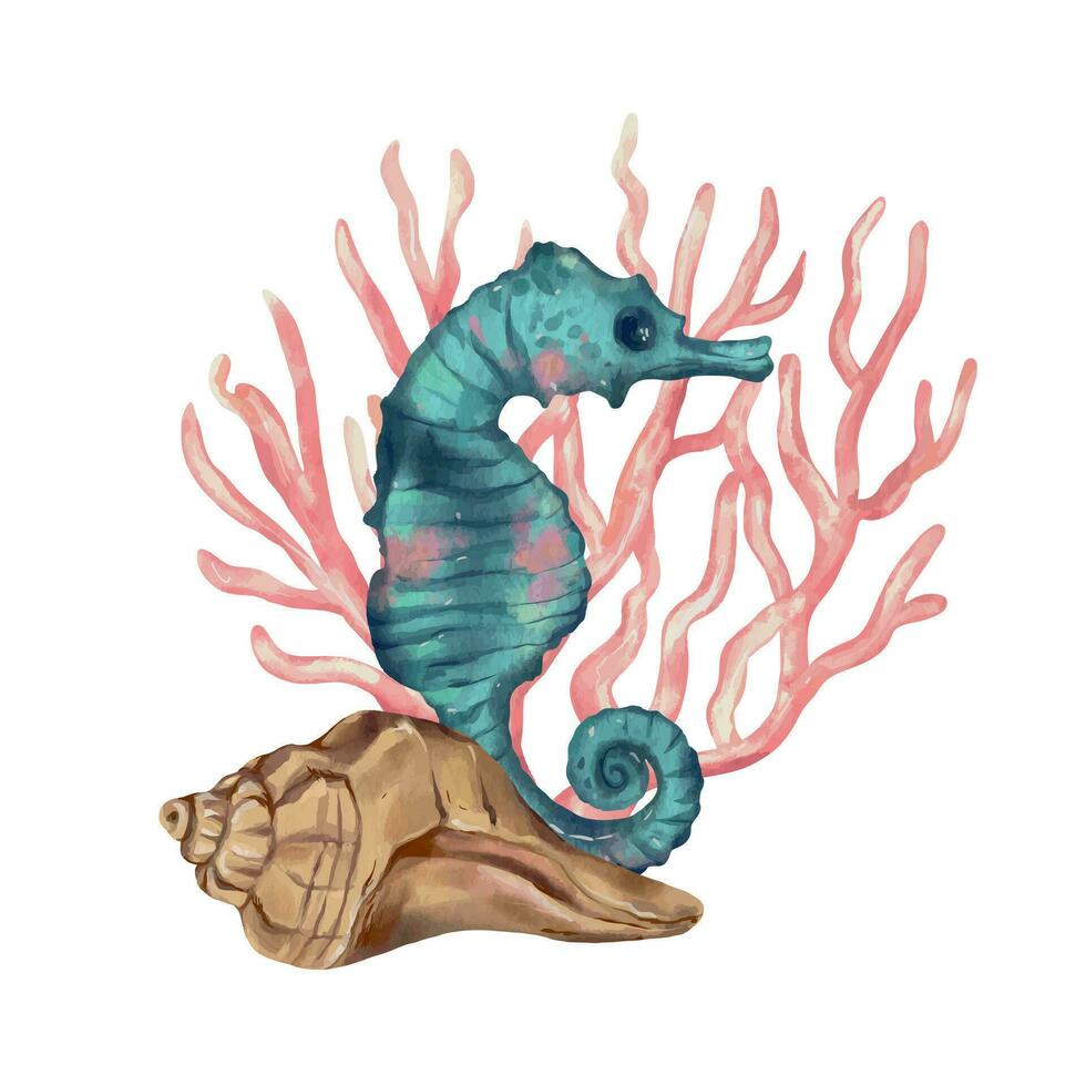 Seahorse, spiral shell, bubbles. Vector sea illustration in watercolor style. Design element for greeting cards, invitations, covers, themed flyers and banners.