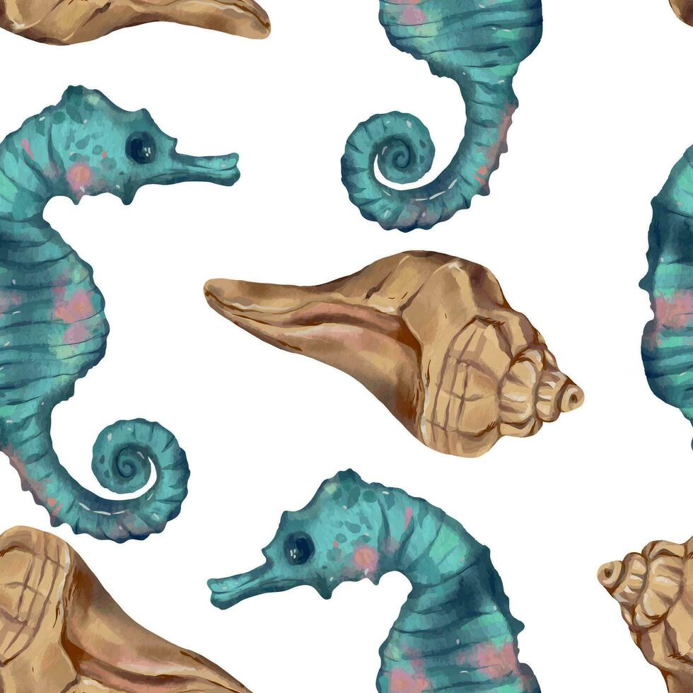 Seahorse and shell. Marine seamless pattern. Vector illustration in watercolor style. Design element for greeting cards, covers, fabric, wrapping paper, wallpaper, textile.