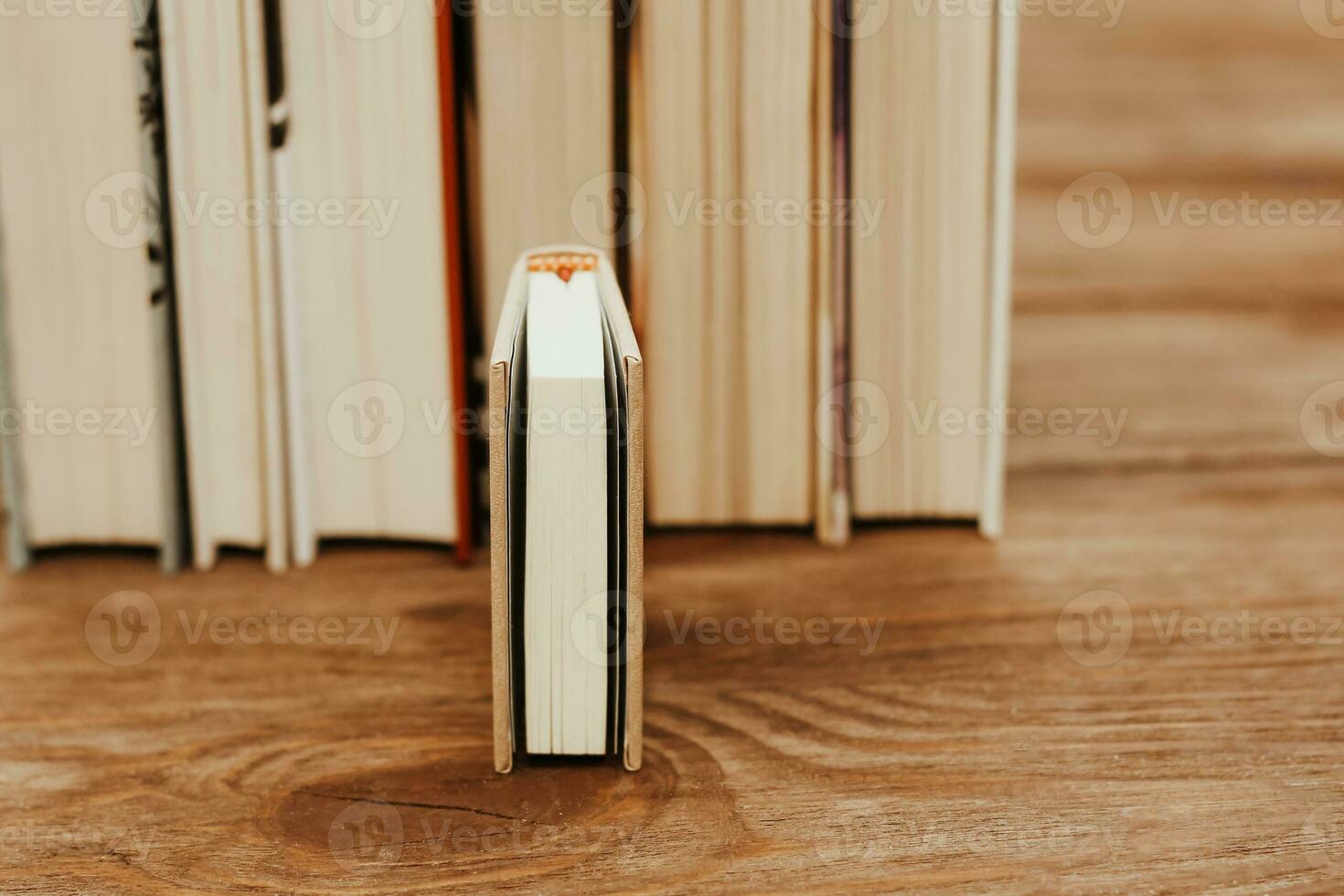 A stack of books stand on the tables, stacked in the frame, next to small mini books. photo