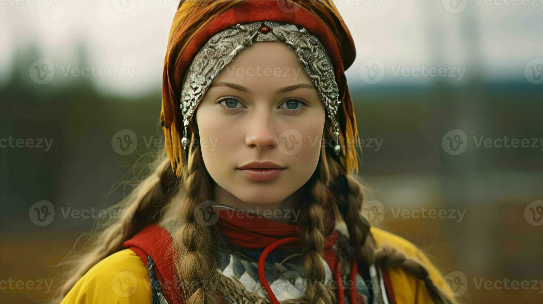 ai generado un finlandés dama en tradicional sami ropa foto
