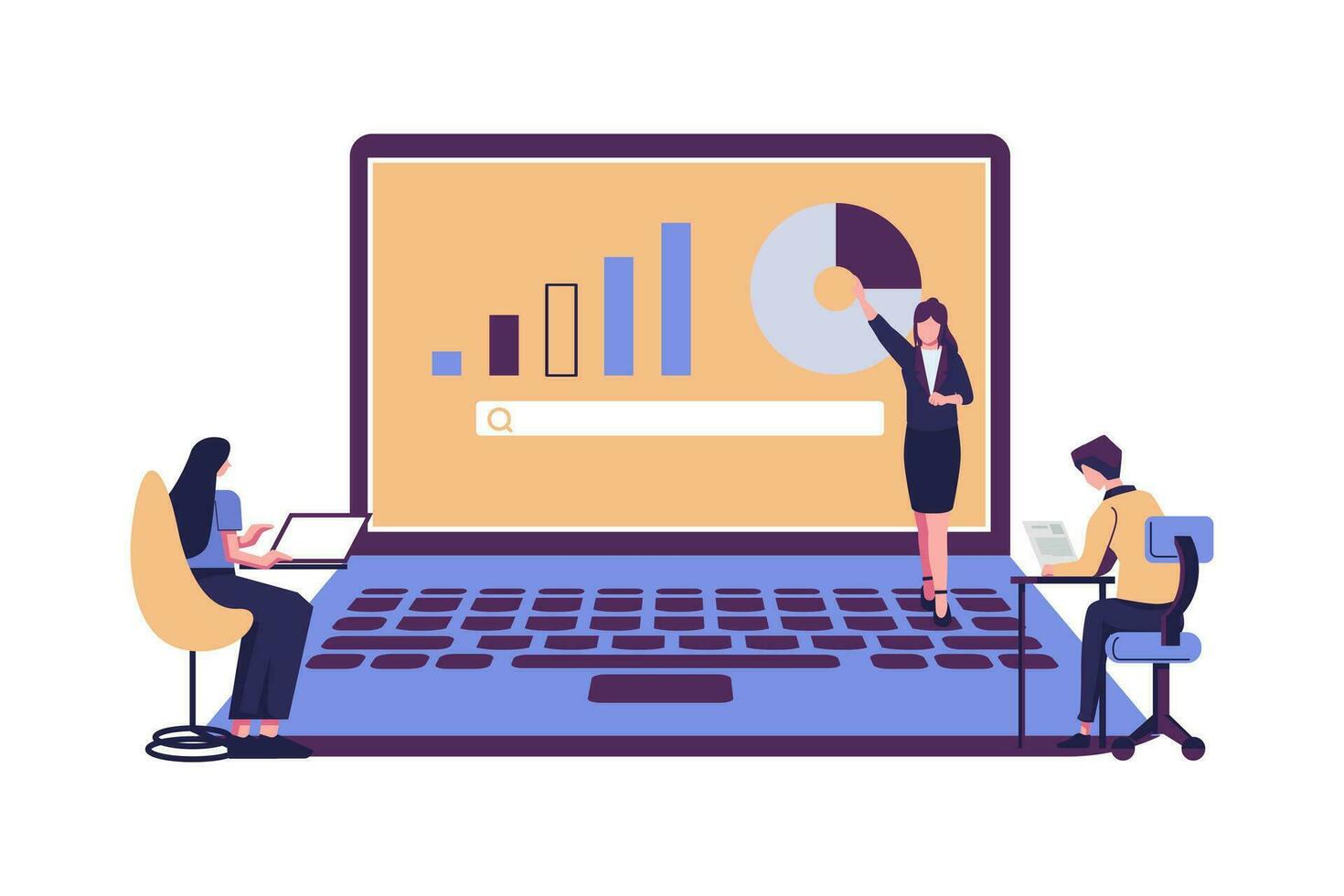 Online business conference, online joint meeting, team thinking and brainstorming, company information analytics vector