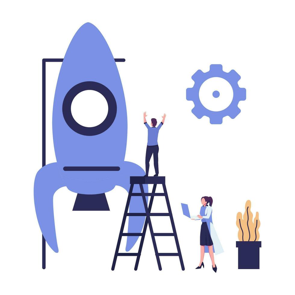 people are building a spaceship rocket. cohesive teamwork in the startup flat vector illustration