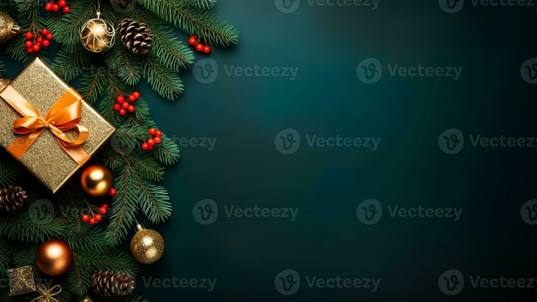 AI generated Christmas border design on dark green background. Spruce, fir branches, golden baubles and gift box, red berries, pine cones. Merry Xmas and Happy New Year composition, frame decorative photo