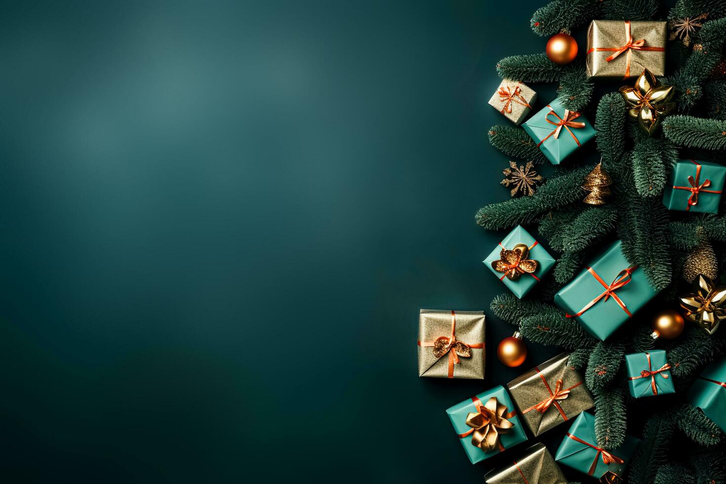 AI generated Merry Christmas or Happy New Year border composition. Rustic background with fir tree branches, golden and turquoise gift boxes, shiny baubles, glittering stars. Copy space, Flatlay photo