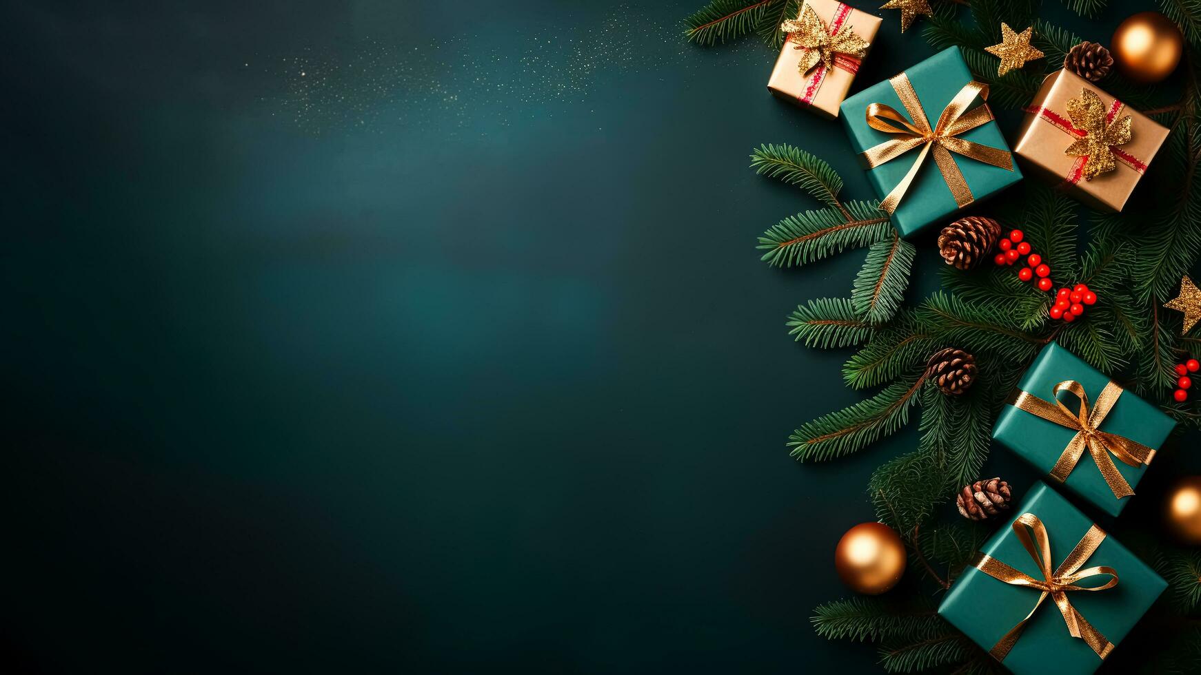 AI generated Christmas background design with rustic decors, fir tree branch, turquoise gift box with golden ribbon, red berries. pine cones, shiny balls, glittering stars. Top view, flatlay photo