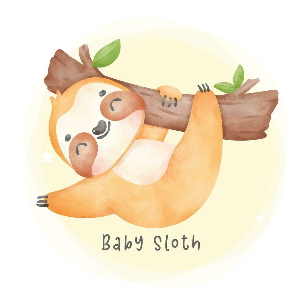 Adorable happy smile baby sloth hanging on tree cartoon watercolor nursery Illustration vector